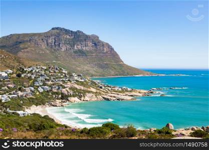 Elevated view of Llandudno beach and seaside town of Cape Town