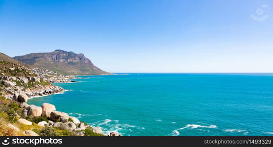 Elevated view of Llandudno beach and seaside town of Cape Town