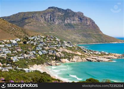 Elevated view of Llandudno beach and seaside town of Cape Town