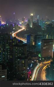 Elevated view of Shanghai city at night, Shanghai, China