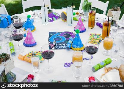 Elevated view of table prepared for birthday party