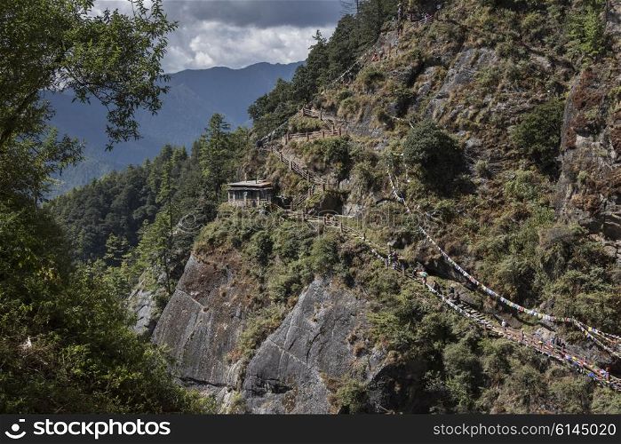 Elevated view of Taktsang trail, Taktsang Monastery, Paro, Paro District, Paro Valley, Bhutan