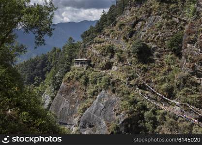 Elevated view of Taktsang trail, Taktsang Monastery, Paro, Paro District, Paro Valley, Bhutan