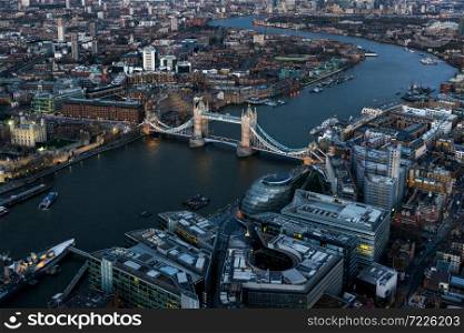Elevated view of The City of London on a clear Spring night. Grained.