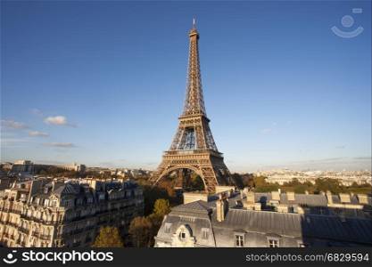 Elevated view of the Eiffel Tower during the day, Paris, France.