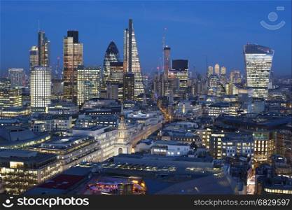 Elevated view of the Financial district of London at dusk,