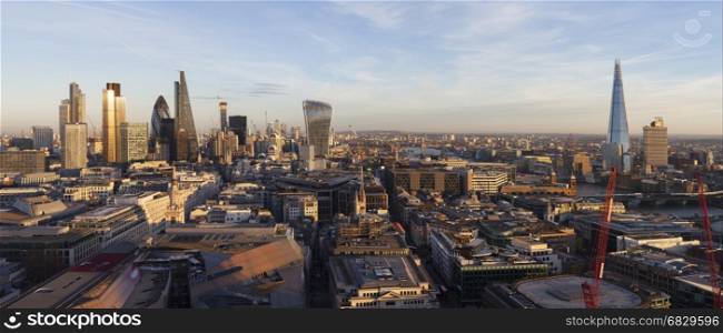 Elevated view of the Financial district of London at sunset,