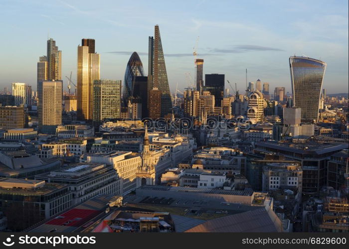 Elevated view of the Financial district of London at sunset,