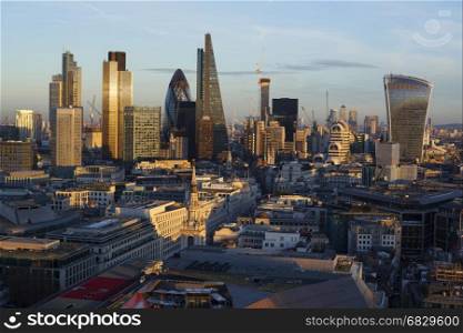 Elevated view of the Financial district of London at sunset,