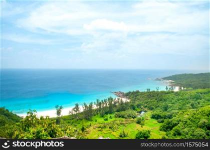 Elevated view of the La Digue Island coastline withe the bay in front of Petite Anse. Seychelles