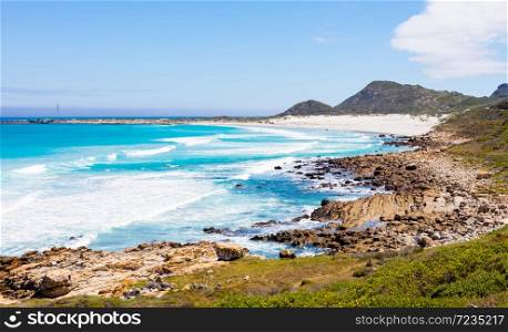 Elevated view of the rugged rocky coastline of the Western Seaboard of Cape Town South Africa