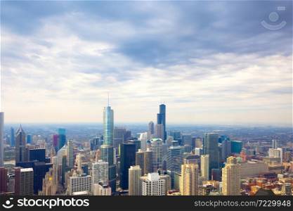 Elevated view of the skyline of downtown Chicago, Illinois, USA