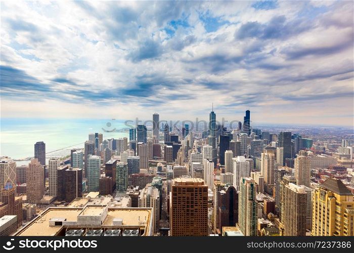 Elevated view of the skyline of downtown Chicago, Illinois, USA
