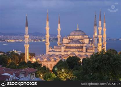 Elevated view of the The Blue Mosque at night.