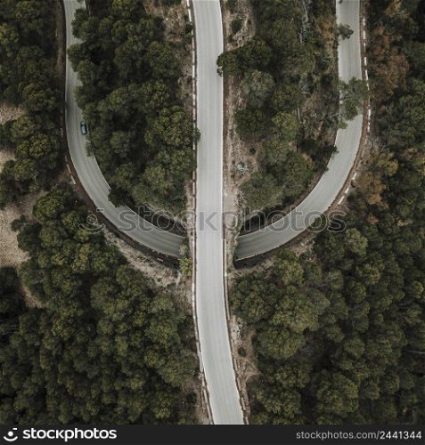 elevated view straight curve road forest