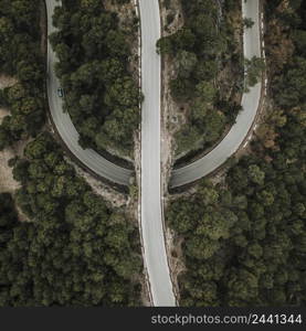 elevated view straight curve road forest