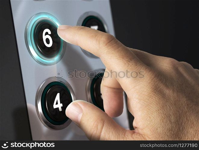 Elevator buttons with finger pressing the number six, concept of choice. Elevator Buttons