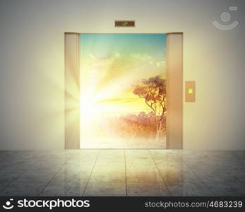 elevator doors and the natural landscape. the elevator doors and the natural landscape behind them