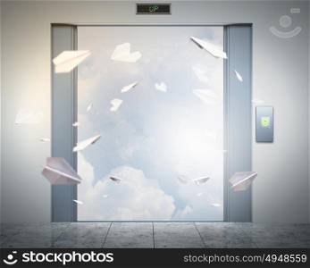 elevator doors and the natural landscape. the elevator doors and the natural landscape behind them