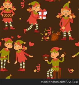 Elf male and female children in love, Santa Claus helpers vector. Seamless pattern of Christmas characters, little leprechauns, dwarfs wearing funny hats. Present boxes house chores for girl with broom. Elf male and female children in love, Santa Claus helpers