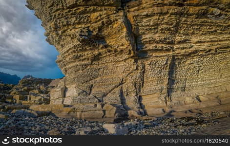 Elgol honeycomb, sunset time. Beach of Isle of Skye, Scotland, United Kingdom