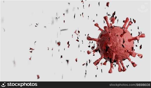 Eliminate of coronavirus. Corona virus breaking up into pieces. Treatment, vaccine or drug concept. 3D rendering.
