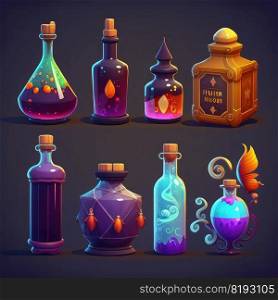 elixir potion bottle video game ai generated. design ui, poison drink, container icon elixir potion bottle video game illustration. elixir potion bottle video game ai generated