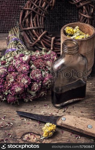 elixir potion of herbs. Herbs and glass bulb with decoction of them in rustic style.The image is tinted.