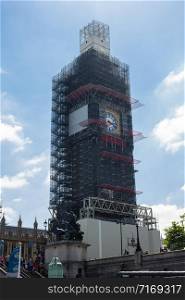 Elizabeth Tower, also known as Big Ben or the Clock Tower, tower under Restoration in 2019, London.. Elizabeth Tower, also known as Big Ben or the Clock Tower, tower under Restoration in 2019, London