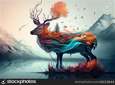 Elk nature illustration. AI generative.
