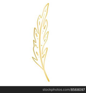 Elongated decorated golden feather clipart. Simple outline feather isolated vector illustration. Gold decoration for design. Elongated decorated golden feather clipart
