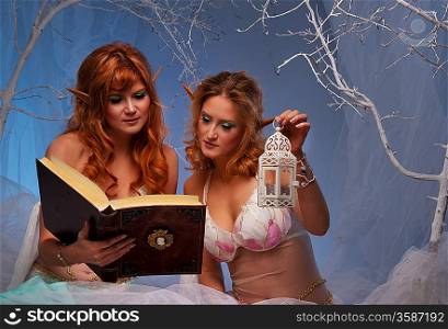 Elves in magical forest with a book.