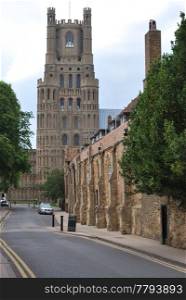 Ely cathedral tower with wall