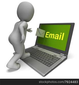Email Character On Laptop Showing Contact Mailing Or Correspondence