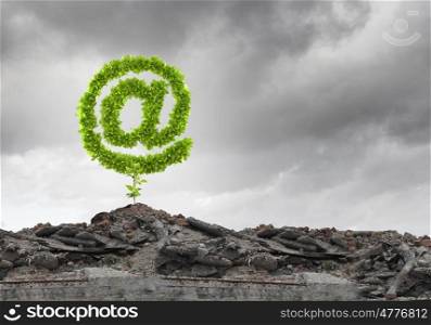 Email concept. Conceptual image with at symbol growing on ruins