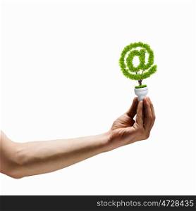 Email concept. Human hand holding bulb with plant shaped like at symbol