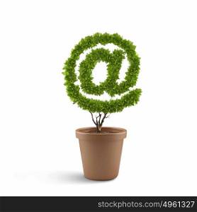 Email concept. Image of pot plant shaped like at symbol