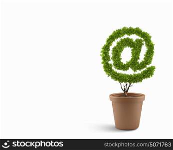 Email concept. Image of pot plant shaped like at symbol