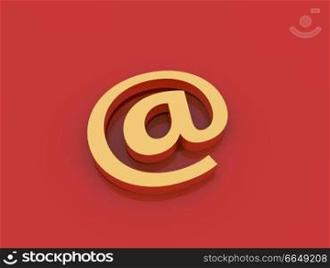 Email of gold on a red background. 3d render illustration.. Email of gold on a red background. 