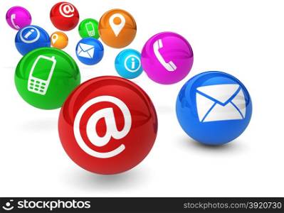 Email, web and Internet concept with contact and connection icons and symbols on bouncing colorful spheres isolated on white background.