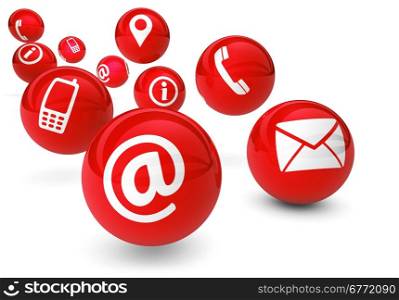Email, web and Internet concept with contact and connection icons and symbols on bouncing red spheres isolated on white background.