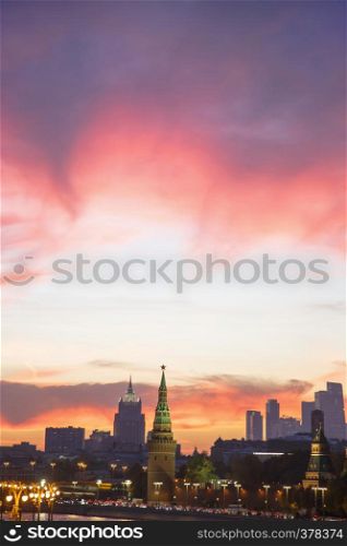 Embankment of the Moskva River near the Kremlin in the evening vivid sunset colors, Architecture and landmarks of Moscow, Russia