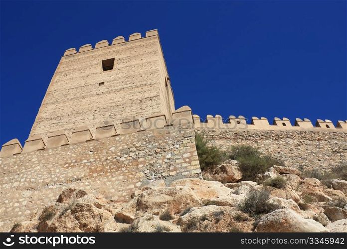 Embattled wall in the Alcazaba of Almeria, medieval moorish fortress dating from the 10th century.