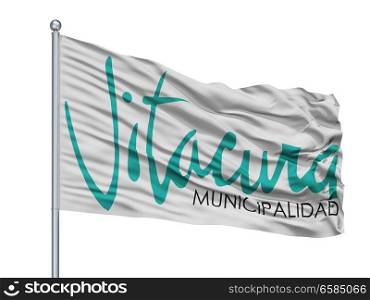 Emblema Vitacura City Flag On Flagpole, Country Chile, Isolated On White Background. Emblema Vitacura City Flag On Flagpole, Chile, Isolated On White Background