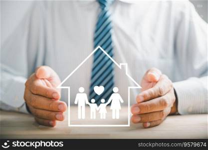Embodying family support and insurance. Businessman protective gesture by young family silhouette. Icons for family, life, health, and house insurance. Illustrating insurance concept.