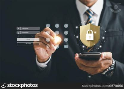 Embrace mobile safety with a global network security concept. Business professionals use encryption and key icons on virtual interface shields to protect personal information on smartphones.
