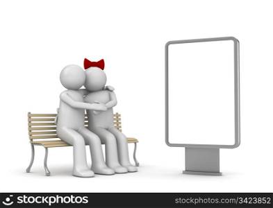 Embracing couple on a bench with copyspace (love, valentine day series; 3d isolated characters)