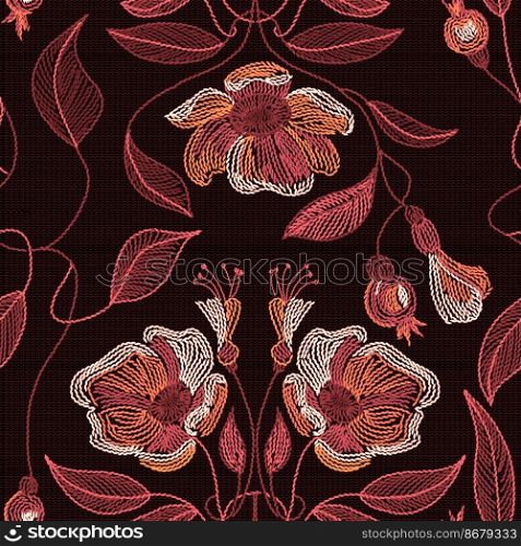 Embroidery seamless pattern with beautiful flowers, leaves and berries on dark background. Fashion design.. Embroidered flowers and leaves ornament on a dark background.