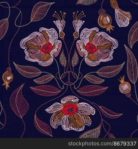 Embroidery seamless pattern with beautiful flowers, leaves and berries on dark background. Fashion design.. Embroidered flowers and leaves ornament on a dark background.