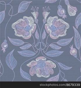 Embroidery seamless pattern with beautiful flowers, leaves and berries on dark background. Fashion design.. Embroidered flowers and leaves ornament on a dark background.